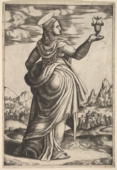 Magdalena stojąca w prawo, słój trzymany w podniesionej prawej ręce, 1530-60. autorstwa Master of the Die