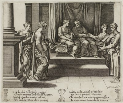 Dwie siostry Psyche są poślubione królom; ...Psyche jest przedstawiana królowi autorstwa Master of the Die