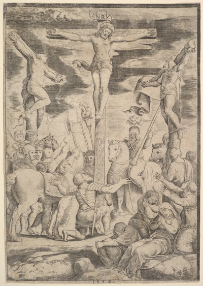 Nawrócenie setnika, który otwiera ramiona przed Chrystusem na krzyżu, 1532. autorstwa Master of the Die