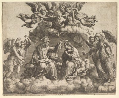 Koronacja Dziewicy, Chrystus trzymający koronę nad głową, Bóg Ojciec błogosławi..., 1532. autorstwa Master of the Die