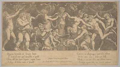 Ofiara dla Priapa w formie posągu pośrodku, Bachus i sa..., 1530-60. autorstwa Master of the Die