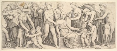 Ślub Jasona i Creusy, po lewej Medea zabiera swoje dzieci, 1530-60. autorstwa Master of the Die
