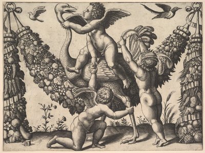 Trzy putta przed dużą girlandą, w środku dosiada strusia, z..., ca. 1530-40. autorstwa Master of the Die