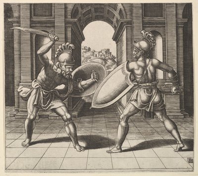 Dwóch gladiatorów walczących przed łukiem, 1530-60. autorstwa Master of the Die
