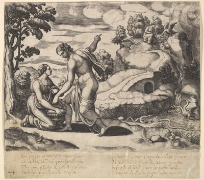 Wenus nakazuje Psyche nabranie wody z fontanny strzeżonej przez smoki, z „Bajki..., 1530-60. autorstwa Master of the Die