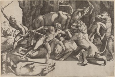 Pięciu mężczyzn walczących z bestiami autorstwa Master of the Die after Giulio Romano