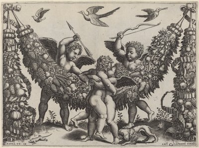 Dwóch Putti... Uderza innego, który ściska dziecko autorstwa Master of the Die after Raphael