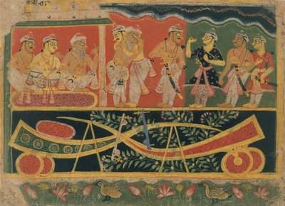 Nanda i Vasudeva: Strona z rozproszonej Bhagavata Purany..., ca. 1520-30. autorstwa Master of the Dispersed Bhagavata Purana.