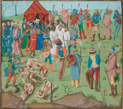 Bitwa pod Nikopolem po masakrze chrześcijan w zemście za masakrę w Rahova. Jean Froissart, Kroniki, Flandres, Brugia autorstwa Master of the Dresden Prayer Book