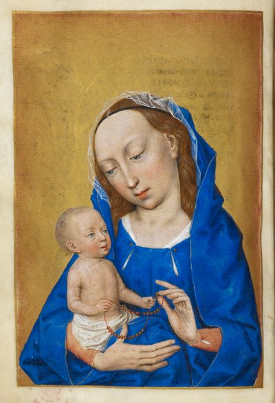 Godziny Dziewicy w Adwencie. Matka Boska z Dzieciątkiem bawi się naszyjnikiem z paciorków. autorstwa Master of the Dresden Prayer Books