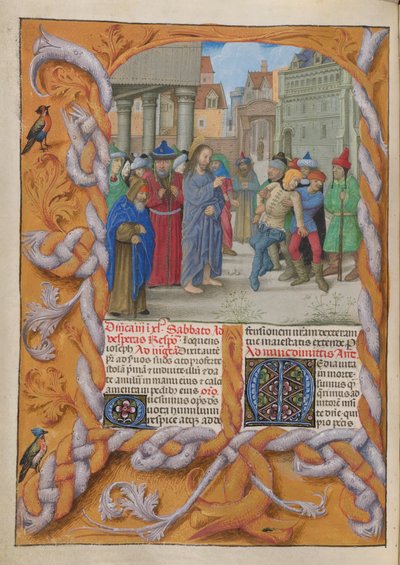 Temporale (pierwsza część: od I Niedzieli Adwentu do Wielkiej Soboty). Chrystus wypędzający głupiego diabła (III Niedziela Wielkiego Postu). Obramowanie i dwie kolumny tekstu z inicjałami. autorstwa Master of the Dresden Prayer Books