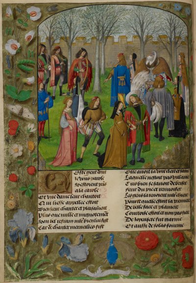 Karolina w ogrodzie. Kochanek zostaje zaproszony do tańca z grupą par prowadzonych przez Sir Mirtha i Lady Gladness z „Le Roman de la Rose” autorstwa Master of the Dresden Prayer Books