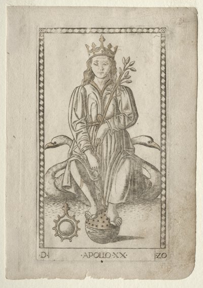 Apollo z Tarocchi, seria D: Apollo i muzy, #20, przed 1467. autorstwa Master of the E Series Tarocchi