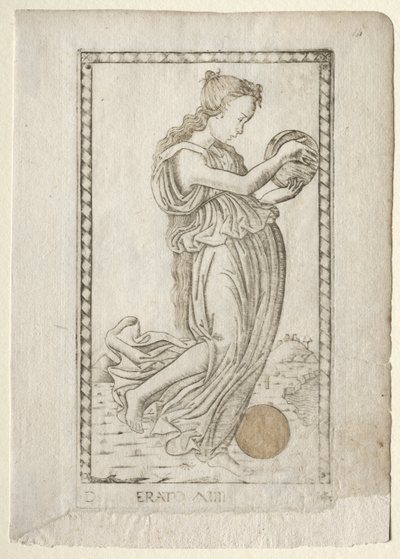 Liryka Erato i poezja miłosna z serii Tarocchi D..., przed 1467. autorstwa Master of the E Series Tarocchi