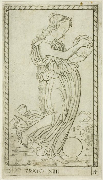 Erato, płyta czternasta z Apollo i Muz autorstwa Master of the E Series Tarocchi