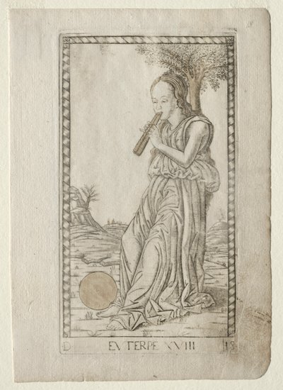 Muzyka Euterpe, liryka z serii Tarocchi D..., przed 1467. autorstwa Master of the E Series Tarocchi