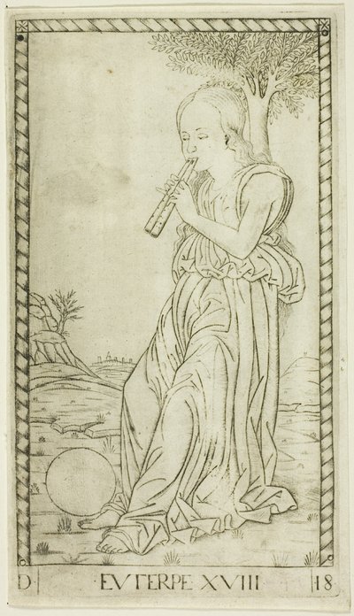 Euterpe, płyta osiemnasta z Apollo i Muz autorstwa Master of the E Series Tarocchi