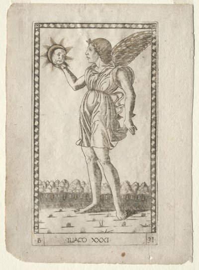 Geniusz Słońca z Tarocchi, seria B: Cosmic Principles & Virtues, #31, przed 1467. autorstwa Master of the E Series Tarocchi