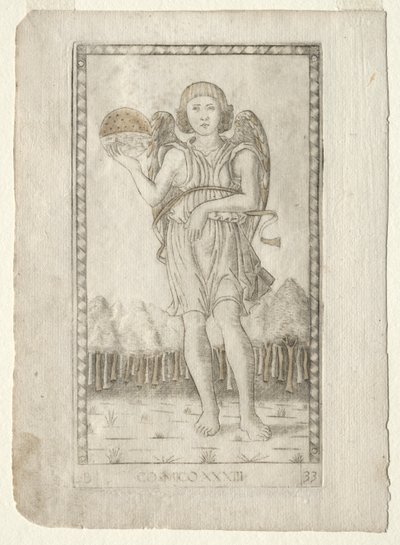 Geniusz świata z Tarocchi, seria B: Cosmic Principles & Virtues, #33, przed 1467. autorstwa Master of the E Series Tarocchi