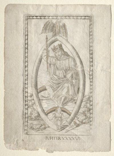 Jowisz z Tarocchi, seria A: Firmaments of the Universe, #46, przed 1467. autorstwa Master of the E Series Tarocchi