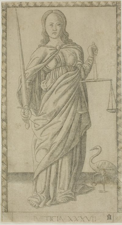 Sprawiedliwość, płyta 37 z Genii i cnót autorstwa Master of the E Series Tarocchi