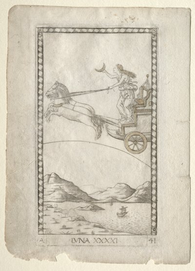 Luna z Tarocchi, seria A: Firmaments of the Universe, #41, przed 1467. autorstwa Master of the E Series Tarocchi