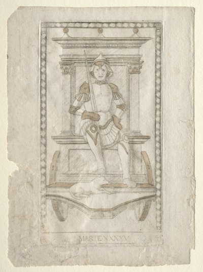Mars z Tarocchi, seria A: Firmaments of the Universe, #45, przed 1467. autorstwa Master of the E Series Tarocchi