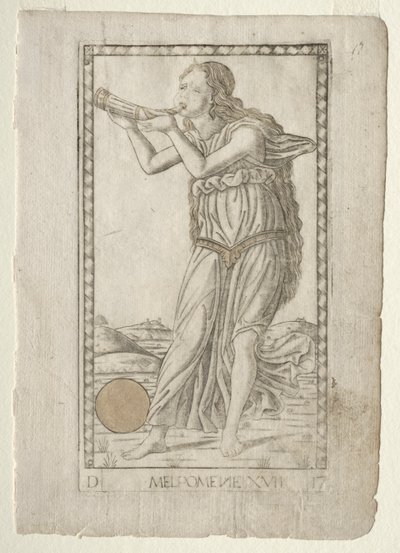 Melpomena (tragedia) (z serii Tarocchi D: Apollo i muzy, nr 17) autorstwa Master of the E Series Tarocchi
