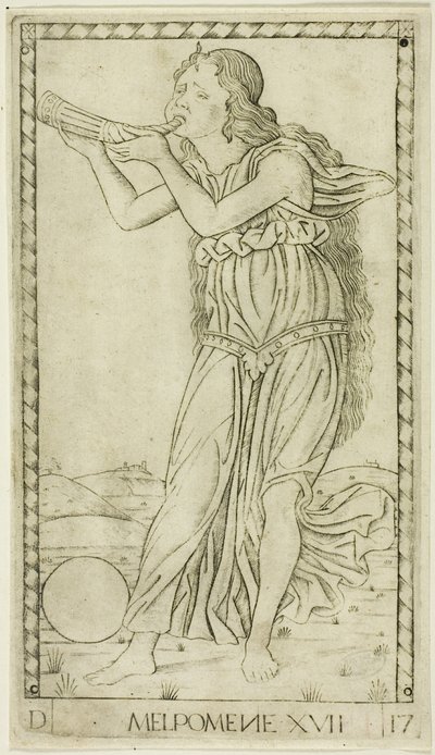 Melpomena, płyta siedemnasta z Apolla i muz autorstwa Master of the E Series Tarocchi