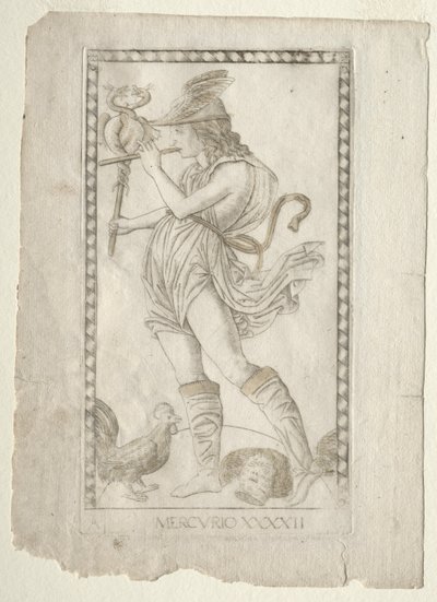 Merkury z Tarocchi, seria A: Firmaments of the Universe, #42, przed 1467. autorstwa Master of the E Series Tarocchi
