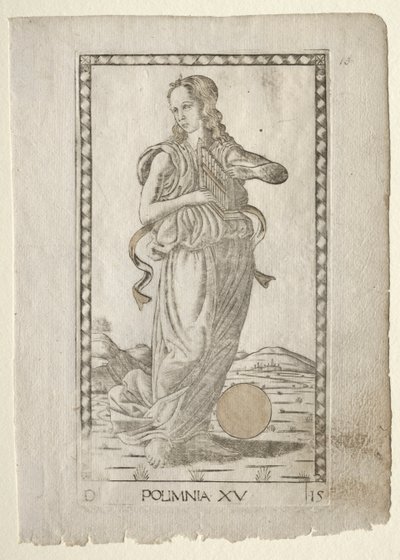 Polyhymnia (heroiczne hymny) (z serii D Tarocchi: Apollo i muzy, nr 15) autorstwa Master of the E Series Tarocchi