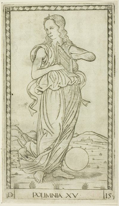 Polihymnia, płyta piętnasta z Apollo i Muz autorstwa Master of the E Series Tarocchi
