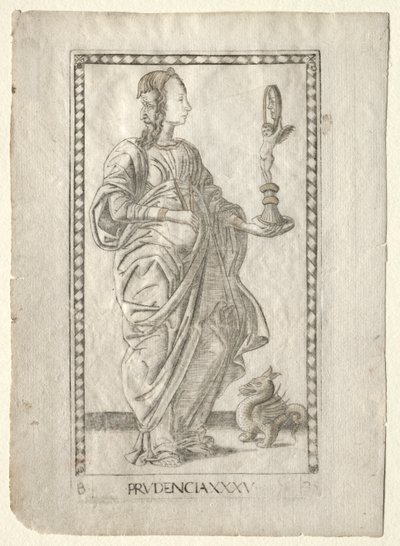 Roztropność z Tarocchi, seria B: Cosmic Principles & Virtues, #35, przed 1467. autorstwa Master of the E Series Tarocchi