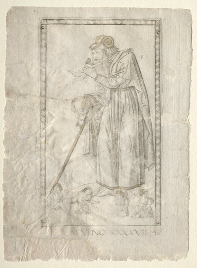 Saturn z Tarocchi, seria A: Firmaments of the Universe, #47, przed 1467. autorstwa Master of the E Series Tarocchi