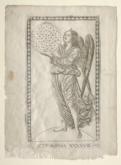 Anioł ósmej sfery z Tarocchi, seria A..., przed 1467. autorstwa Master of the E Series Tarocchi