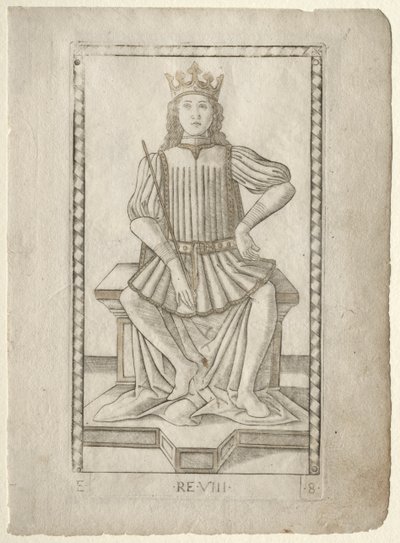 Król z Tarocchi, seria E: Warunki człowieka, #8, przed 1467. autorstwa Master of the E Series Tarocchi