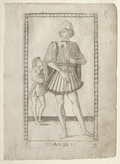 Rycerz z Tarocchi, seria E: Warunki człowieka, #6, przed 1467. autorstwa Master of the E Series Tarocchi