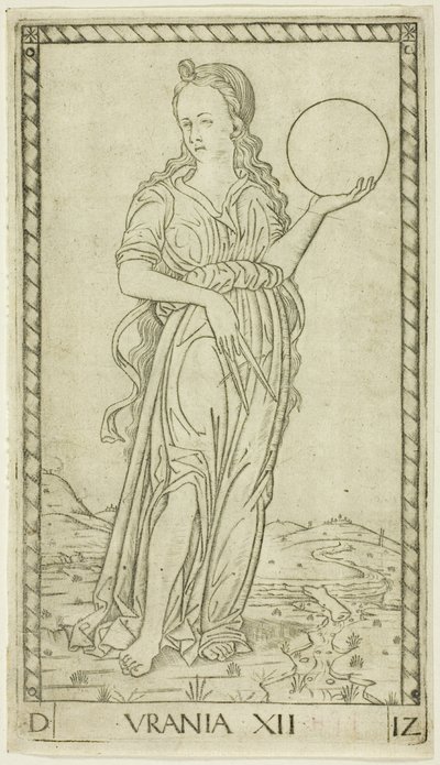 Urania, tablica dwunasta z Apollo i Muz autorstwa Master of the E Series Tarocchi