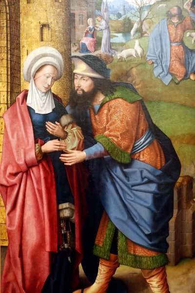 Muzeum Evory. Mistrz ołtarza Evora. Spotkanie Joachima i Anny przed Złotą Bramą. Olej na desce. Szkoła flamandzka 1500. Portugalia. autorstwa Master of the Evora Altarpiece