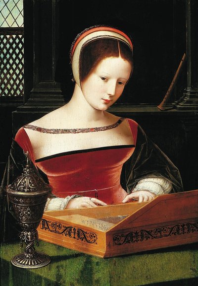 Kobieta grająca na klawikordzie. autorstwa Master of the Female Half Lengths
