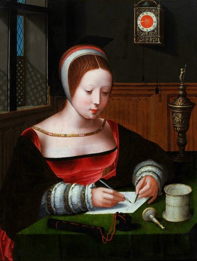 Maria Magdalena pisze. autorstwa Master of the Female Half Lengths