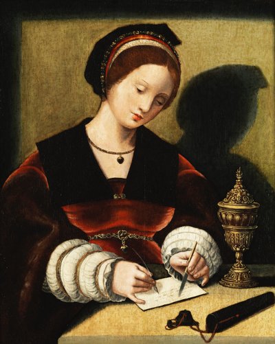 Mistrz kobiecych figur półdługich Pisząca kobieta z ceremonialnym pucharem autorstwa Master of the Female Half Lengths