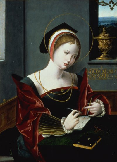 Portret damy piszącej autorstwa Master of the Female Half Lengths