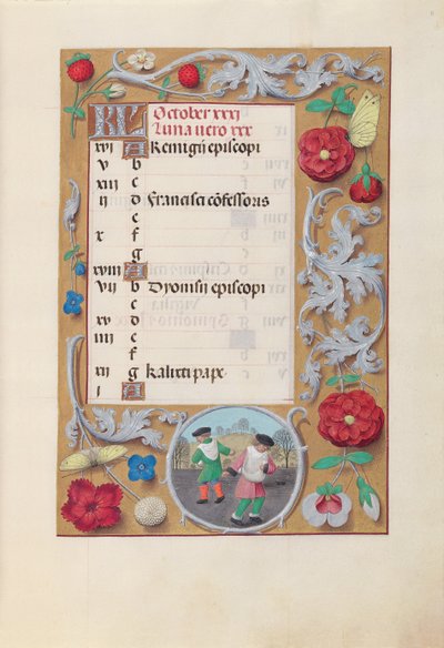 Godziny królowej Izabeli Katolickiej, królowej Hiszpanii: Fol. 11r, październik, ok. godz. 1500. autorstwa Master of the First Prayerbook of Maximillian