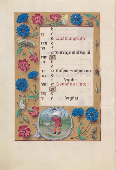 Godziny królowej Izabeli Katolickiej, królowej Hiszpanii: Fol. 11v, październik, ok. godz. 1500. autorstwa Master of the First Prayerbook of Maximillian
