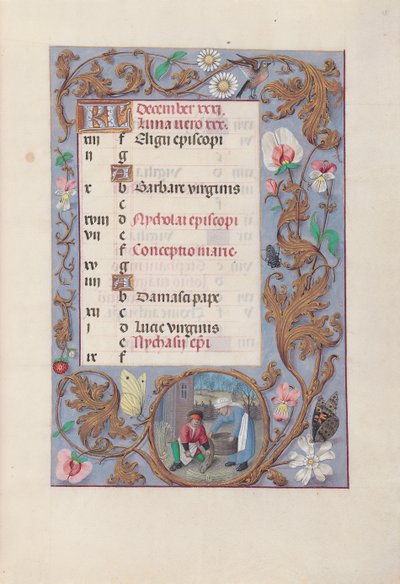 Godziny królowej Izabeli Katolickiej, królowej Hiszpanii: Fol. 13r, grudzień, ok. godz. 1500. autorstwa Master of the First Prayerbook of Maximillian