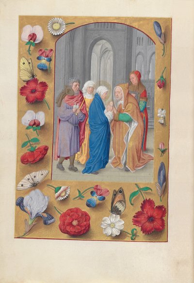 Godziny królowej Izabeli Katolickiej, królowej Hiszpanii: Fol. 141v, Ofiarowanie w świątyni, ok. 1500. autorstwa Master of the First Prayerbook of Maximillian