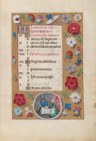 Godzinki królowej Izabeli Katolickiej, królowej Hiszpanii:  Fol. 2r, Styczeń - Święto autorstwa Master of the First Prayerbook of Maximillian
