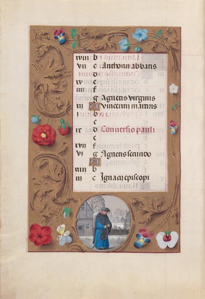 Godziny królowej Izabeli Katolickiej, królowej Hiszpanii: Fol. 2v, styczeń - Pejzaż śnieżny, ok. godz. 1500. autorstwa Master of the First Prayerbook of Maximillian