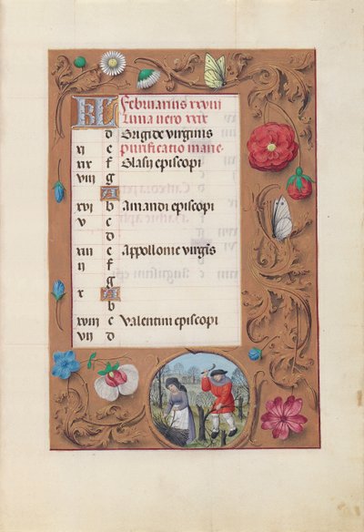 Godziny królowej Izabeli Katolickiej, królowej Hiszpanii: Fol. 3 lutego, ok. godz. 1500. autorstwa Master of the First Prayerbook of Maximillian